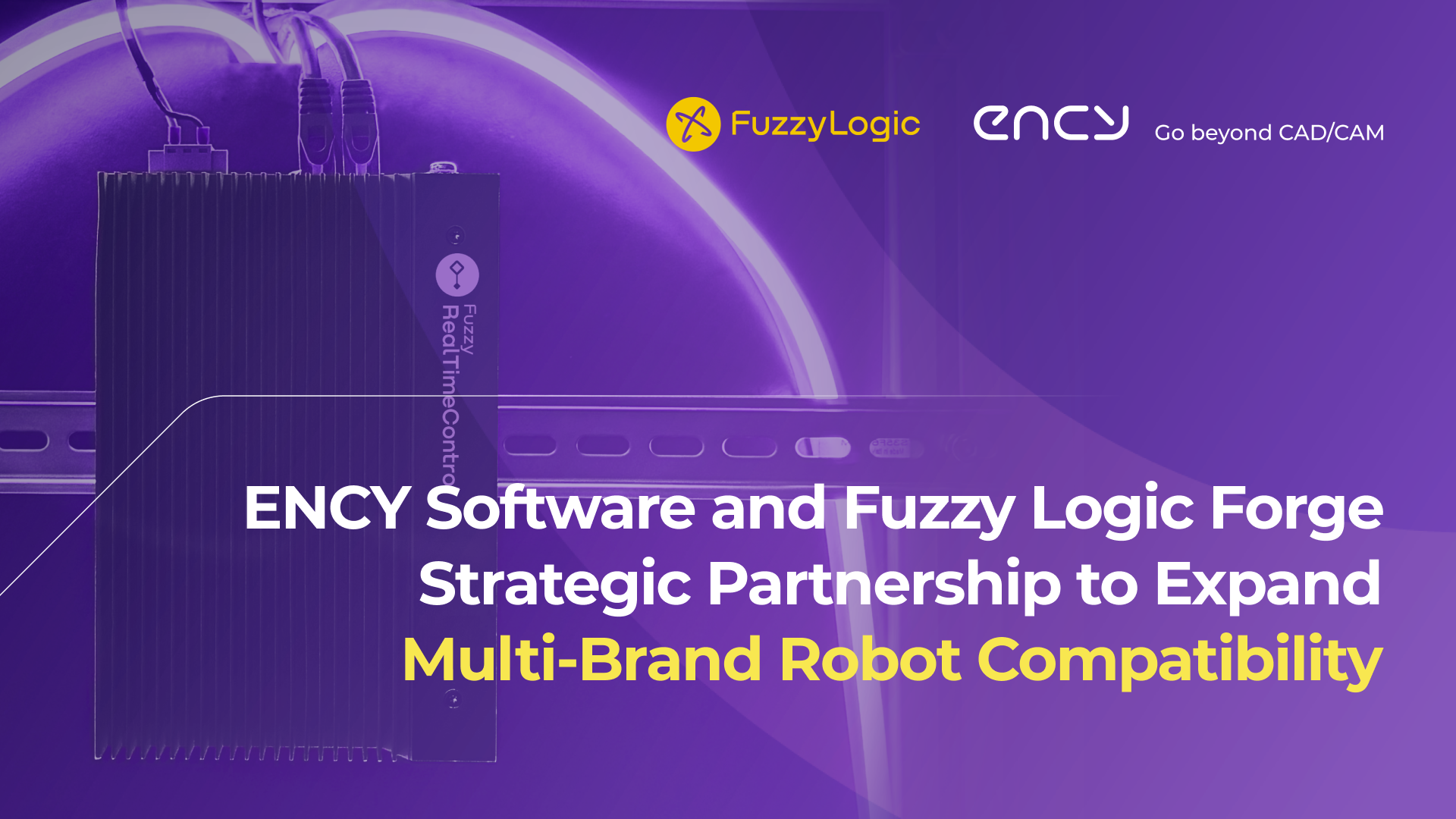 Fuzzy Logic Robotics and Encycam logos side by side, illustrating their strategic partnership to enable multi-brand robot compatibility in industrial robotics.